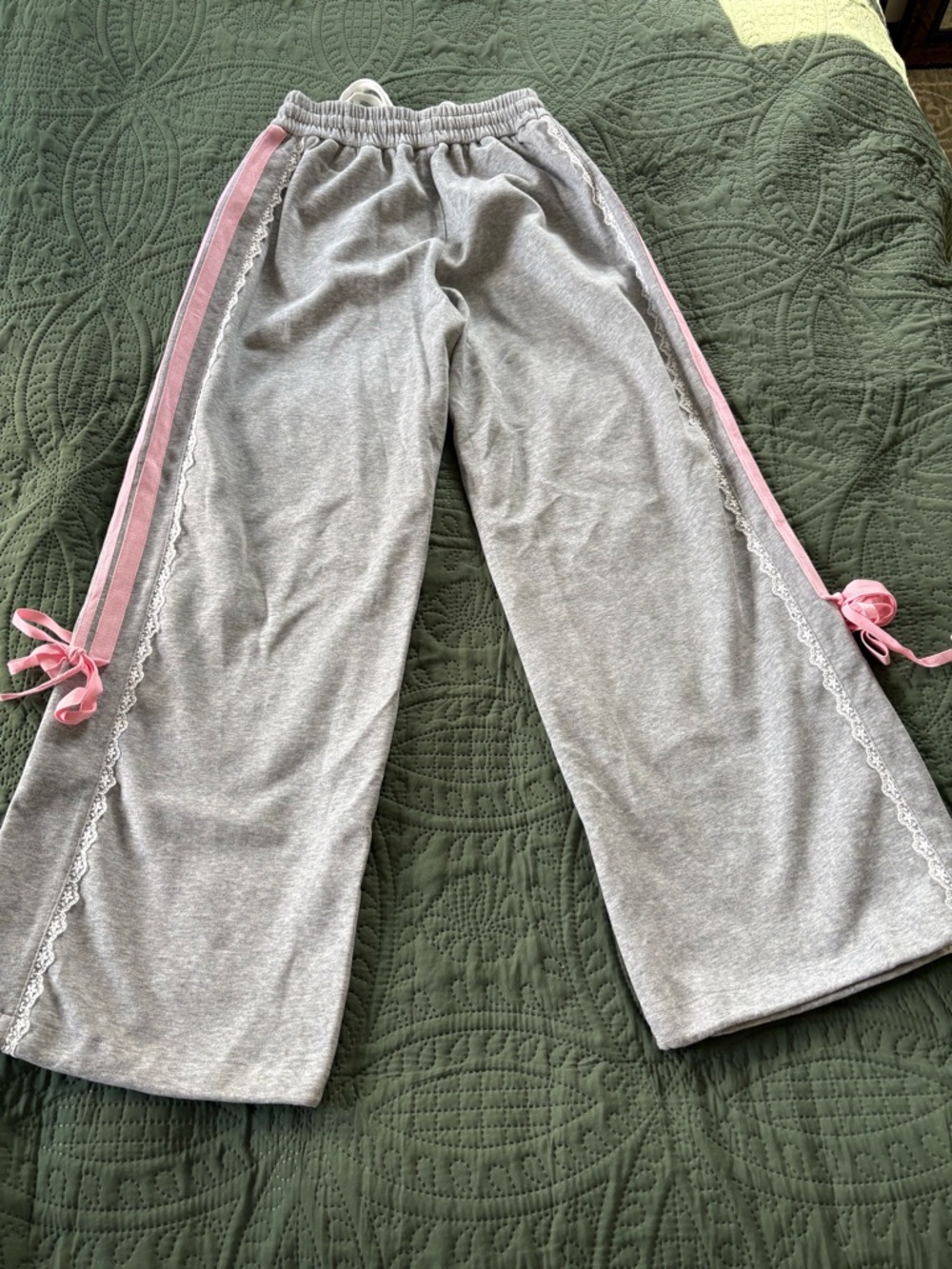 Aelfric Eden Gray Lounge Pants with Pink Side Stripes and Lace Trim